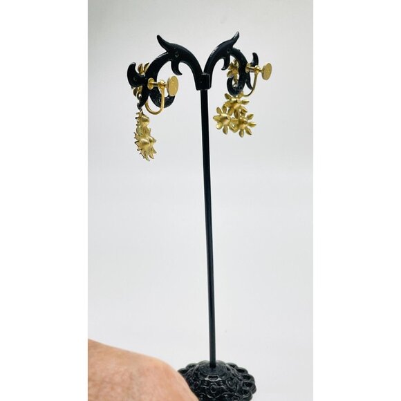 CHARM Floral Dangle Earrings Screw Back Gold Tone Rhinestones Simulated Pearl - Picture 8 of 11